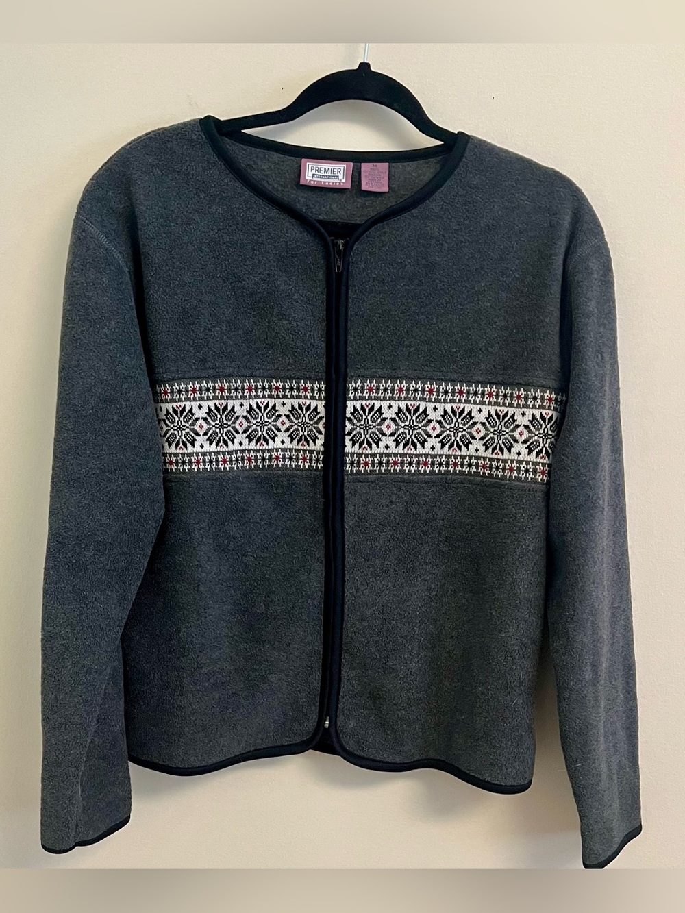Womens Cardigan Sweater Fair Isle Pattern Full Zip Gray Medium